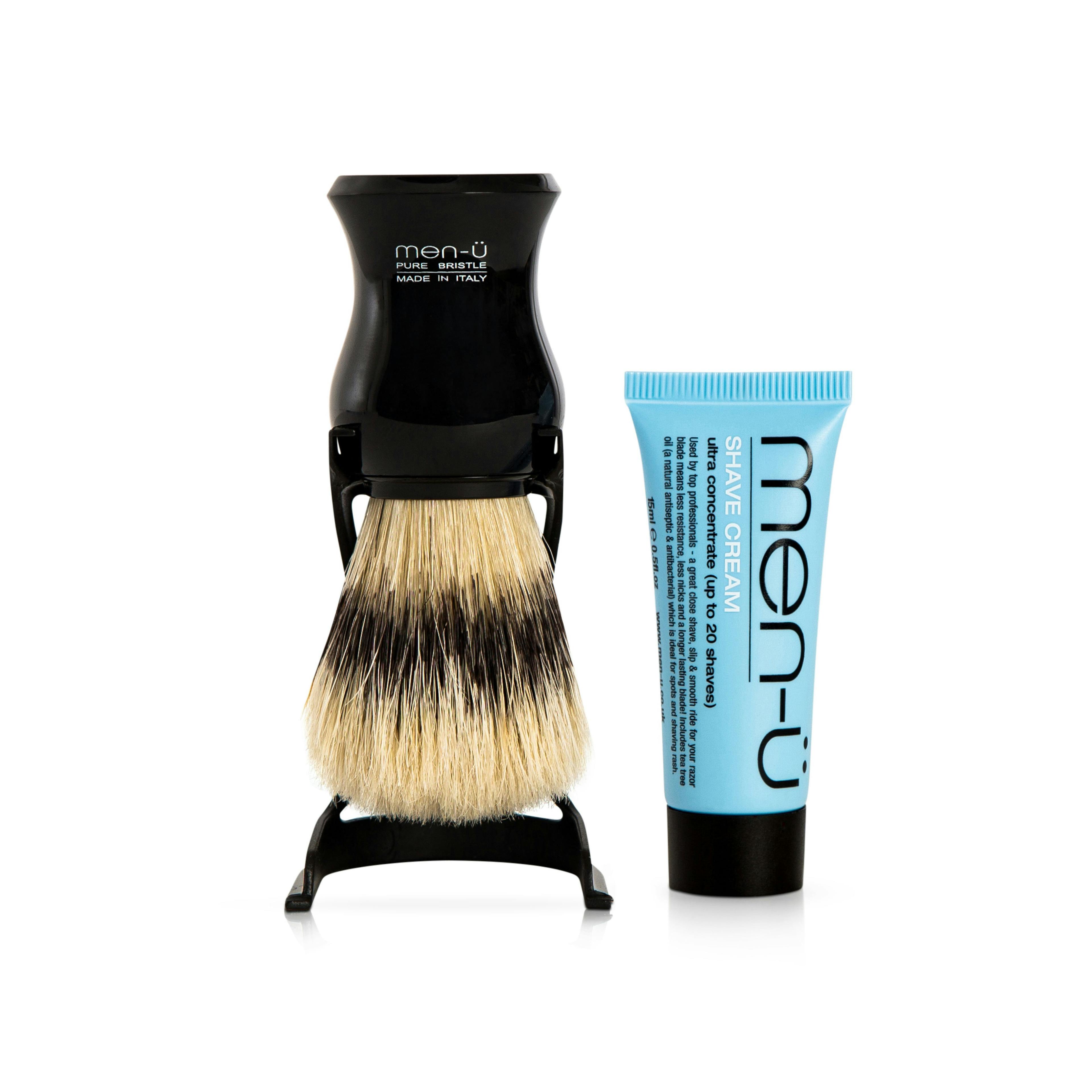 men-ü Barbiere Shaving Brush with Shave Cream 15ml & Stand - Black