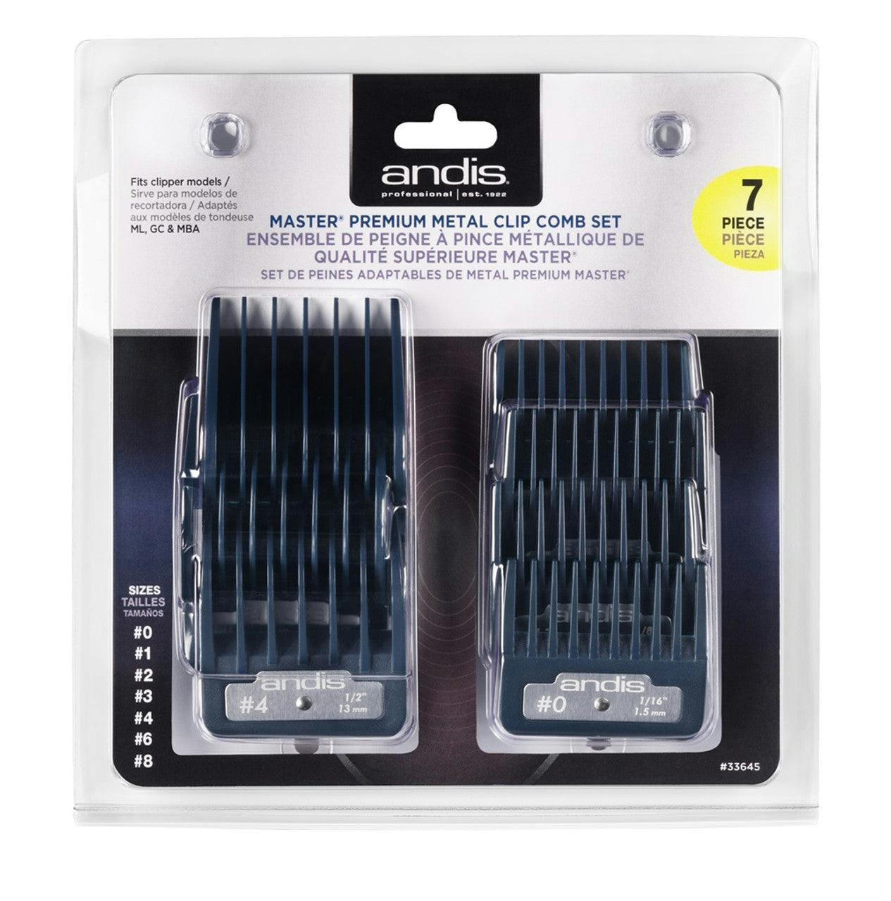 Andis Premium Metal Clip Comb Set 7 pcs - Sizes 0, 1, 2, 3, 4, 6, 8